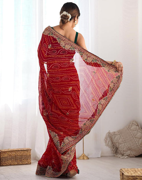 Vasthrlay Georgette Embroidery Red Saree With Green Unstitched Blouse Piece
