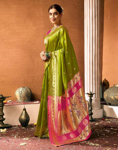 Vasthrlay Paithani Banarasi Green And Pink Saree With Unstitched Blouse Piece