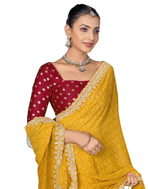 Vasthrlay Georgette Embroidery Unstitched Yellow Saree