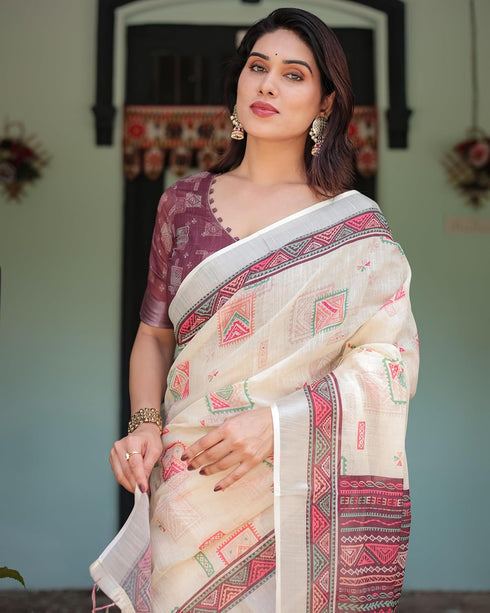 Vasthrlay Handwoven Printed Tasselled Saree
