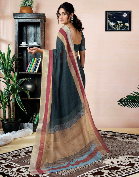 Vasthrlay Womens Printed Unstitched Dark Green Saree