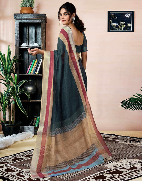 Vasthrlay Womens Printed Beige And Dark Grey Saree With Unstitched Blouse Piece