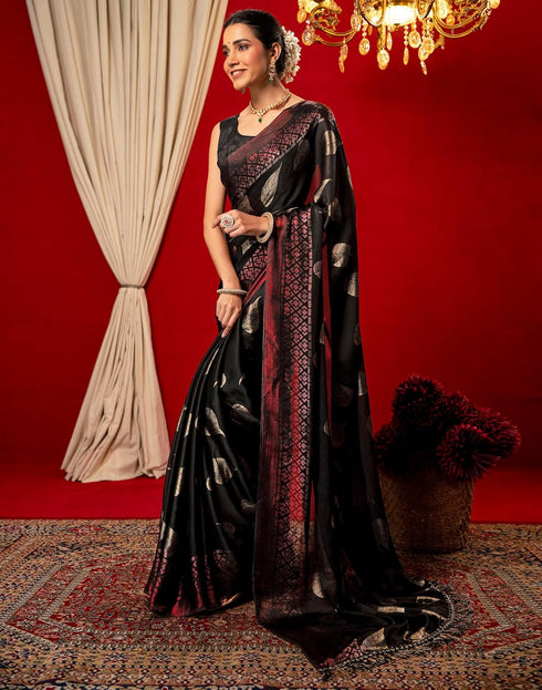 Vasthrlay Chiffon Printed Unstitched Black Saree