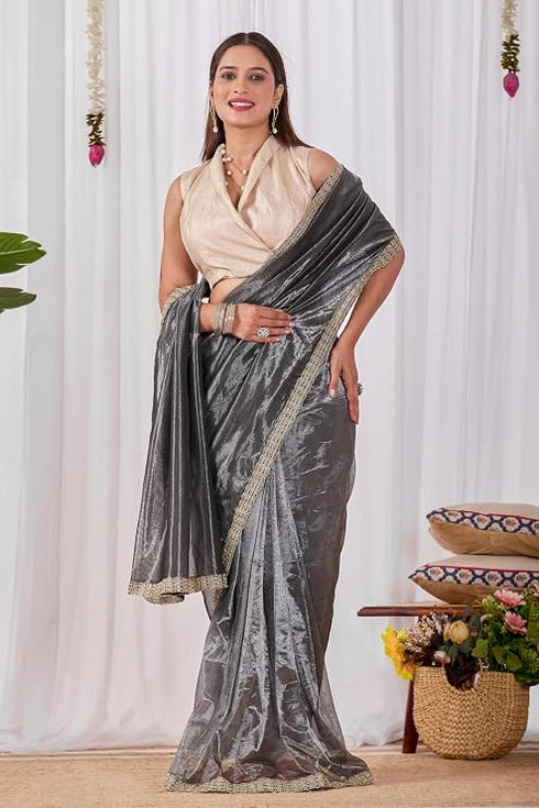 Vasthrlay Black Plain Shimmer Saree With Sequin Border Andunstitched Blouse Piece