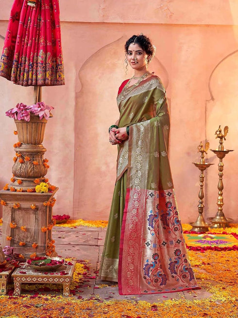Vasthrlay Weaving Paithani Unstitched Dark Green Saree