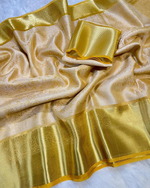 Vasthrlay Banarasi Kanjivaram Tissue Silk Cream and Gold Woven Zari Border Saree