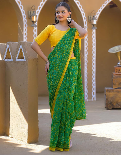 Vasthrlay Chiffon Tassels Unstitched Dark Green Saree