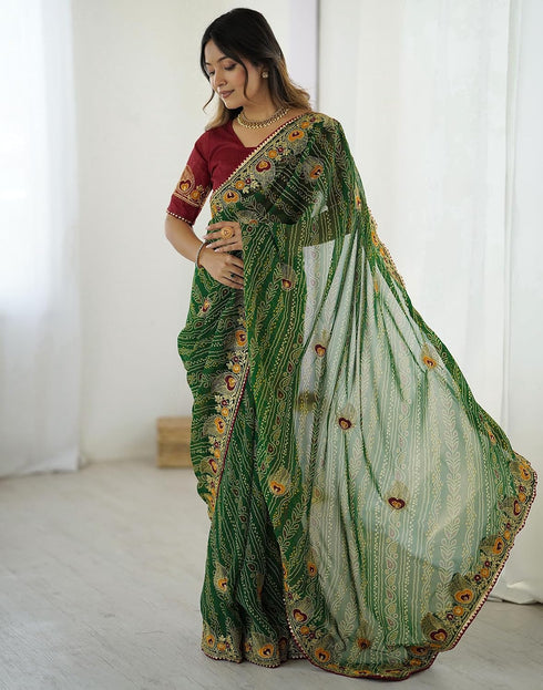 Vasthrlay Georgette Embroidery Red3 Saree With Unstitched Blouse Piece