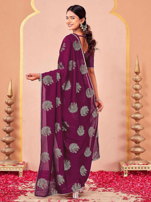 Vasthrlay Vichitra Printed Unstitched Rani Pink Saree