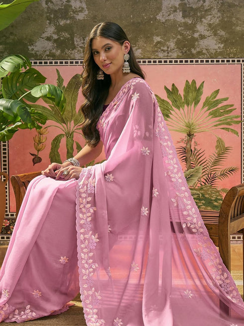 Vasthrlay Georgette Embroidery Peach Saree