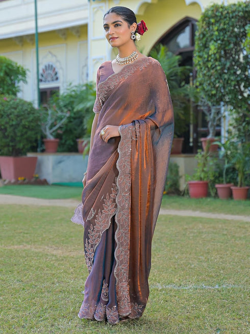 Vasthrlay Scalloped Embroidery Maroon Saree