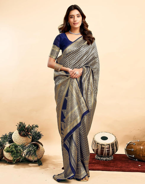 Vasthrlay Kanjivaram Banarasi Wedding Beige Saree With Navy Blue Unstitched Blouse Piece