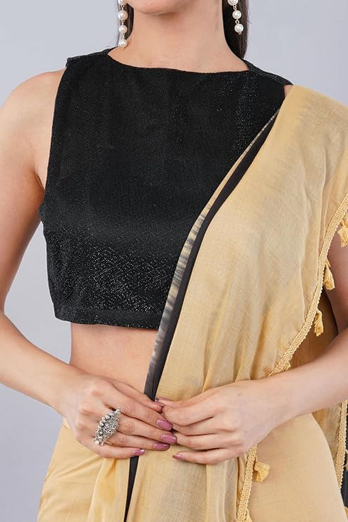 Vasthrlay Black Plain Cotton Saree With Pocket And Unstitched Blouse Piece
