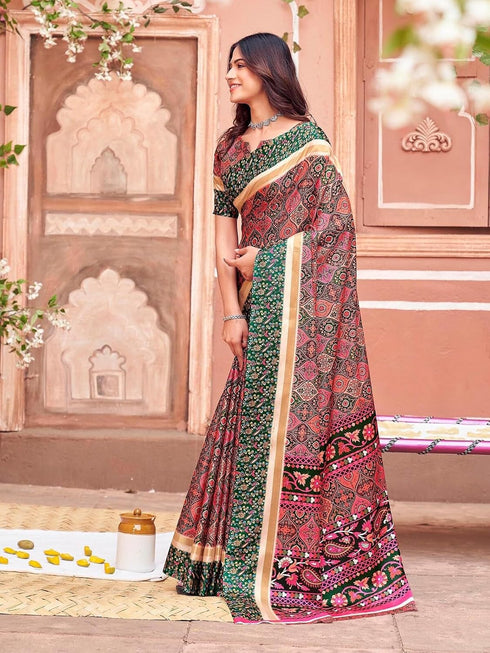 Vasthrlay Womens Printed Multicolour Saree With Unstitched Blouse Piece