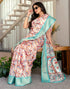 Vasthrlay Womens Printed Cream And Blue Saree With Unstitched Blouse Piece