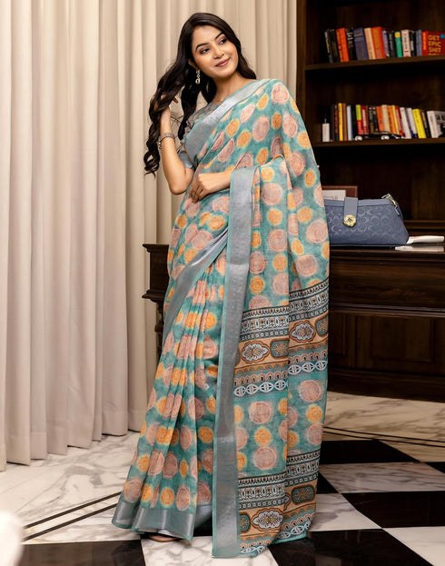 Vasthrlay Womens Cotton Unstitched Teal Saree