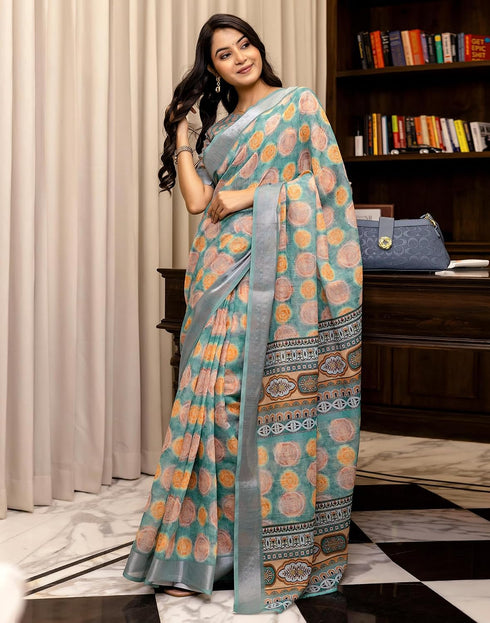 Vasthrlay Womens Cotton Turquoise And Peach Saree With Unstitched Blouse Piece