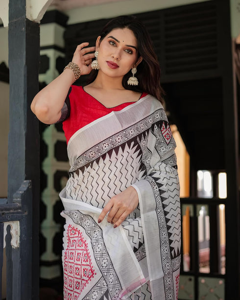 Vasthrlay Handwoven Printed Tasselled Saree