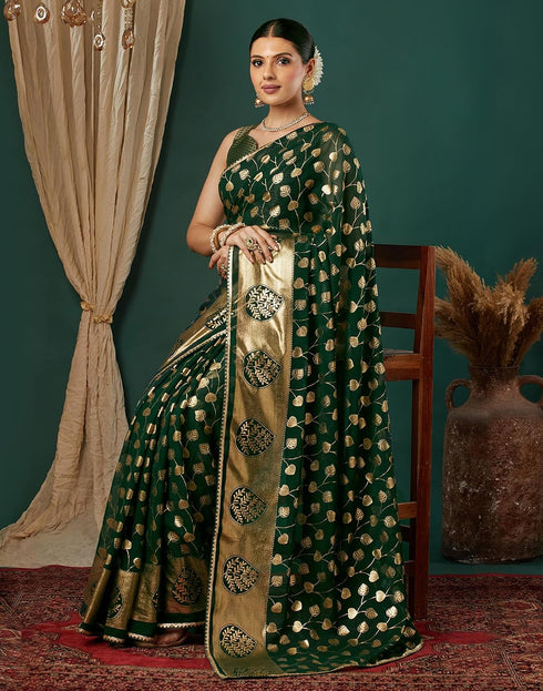 Vasthrlay Georgette Printed Green And Gold Saree With Unstitched Blouse Piece