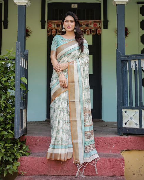 Vasthrlay Handwoven Printed Tasselled Saree