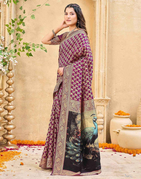 Vasthrlay Womens Weaving Purple | Gold Saree With Unstitched Blouse Piece
