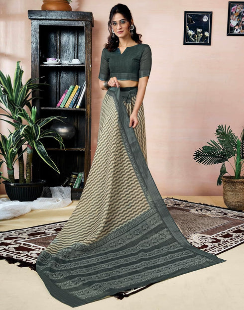 Vasthrlay Womens Printed Unstitched Dark Green Saree