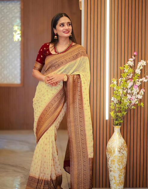 Vasthrlay Banarasi Jacquard Unstitched Beige Saree