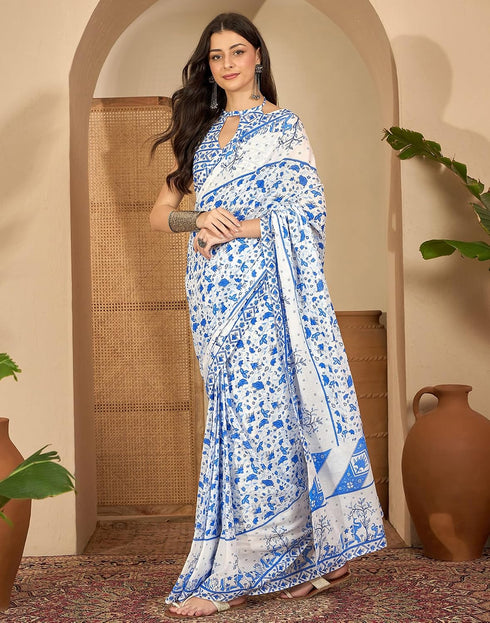 Vasthrlay Womens Printed White | Blue Saree With Unstitched Blouse Piece