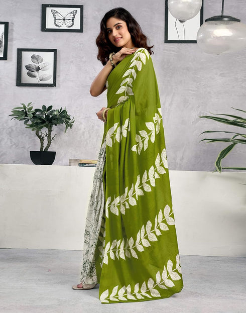 Vasthrlay Womens Printed Unstitched Green Saree