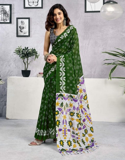 Vasthrlay Womens Printed Unstitched Green Saree