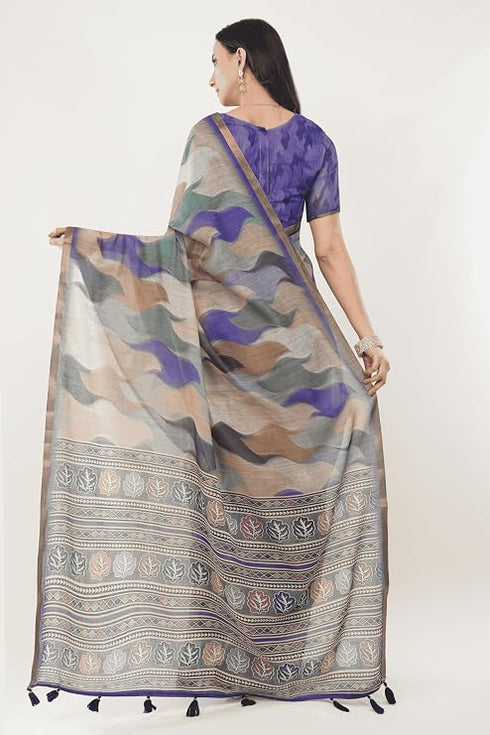 Vasthrlay Womens Off White1 Paisley Printed Linen Saree With Unstitched Blouse Piece