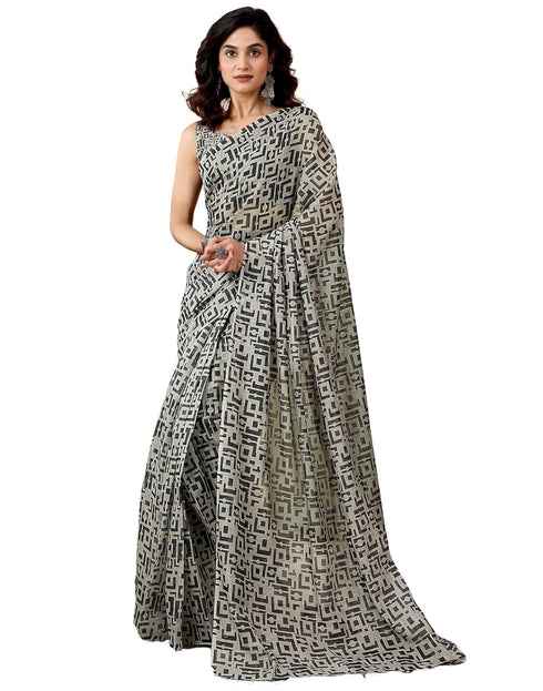 Vasthrlay Chanderi Printed Unstitched Off White Saree
