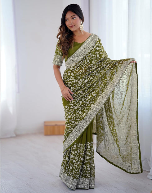 Vasthrlay Georgette Embroidery Unstitched Maroon Saree