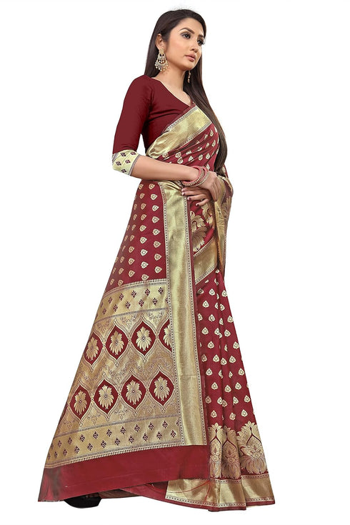 Vasthrlay Maroon Woven Kanjivaram Blend Saree