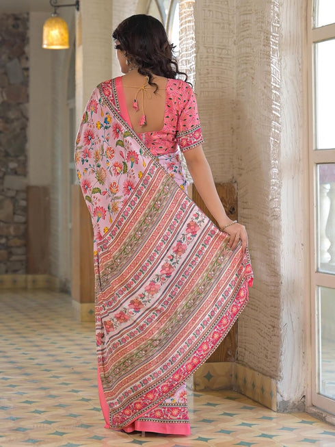 Vasthrlay Womens Printed Unstitched Baby Pink Saree