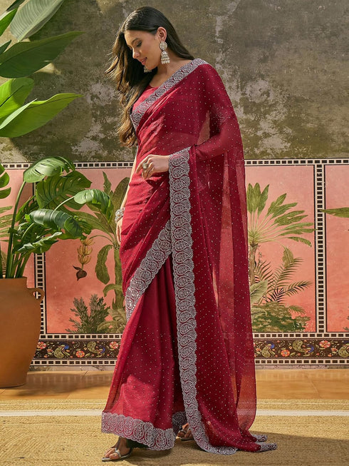 Vasthrlay Shimmer Scalloped Maroon Saree With Unstitched Blouse Piece