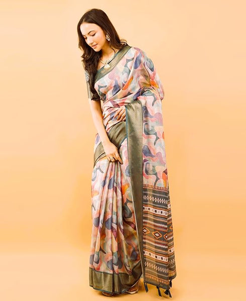 Vasthrlay Multicolour Geometric Print Polyester Saree With Dull Gold Zari Border And Unstitched Blouse Piece