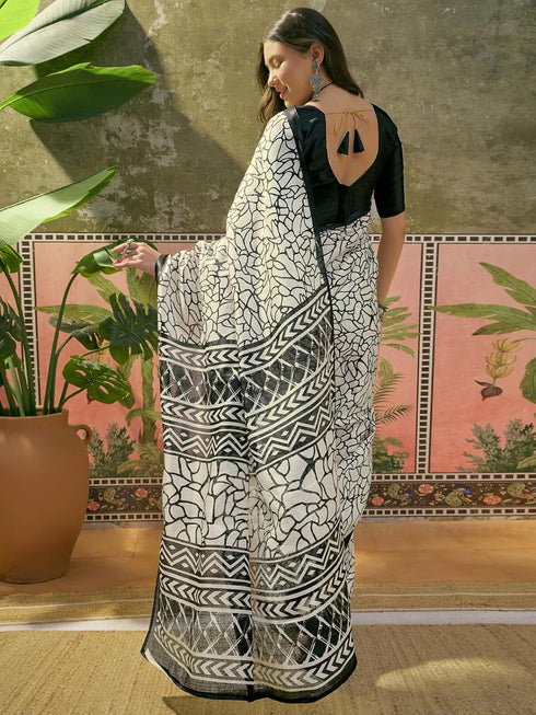 Vasthrlay Womens Printed Unstitched Beige Saree
