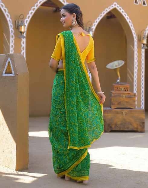 Vasthrlay Chiffon Tassels Unstitched Dark Green Saree