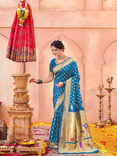 Vasthrlay Weaving Paithani Unstitched Teal Saree