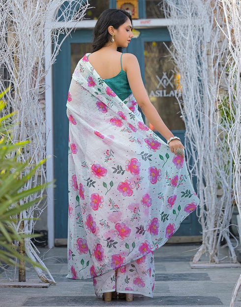 Vasthrlay Womens Printed Unstitched Off White Saree