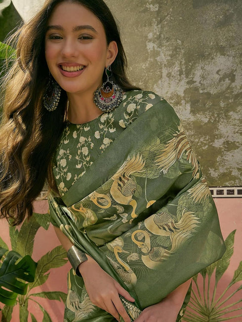 Vasthrlay Shimmer Printed Unstitched Lime Green Saree