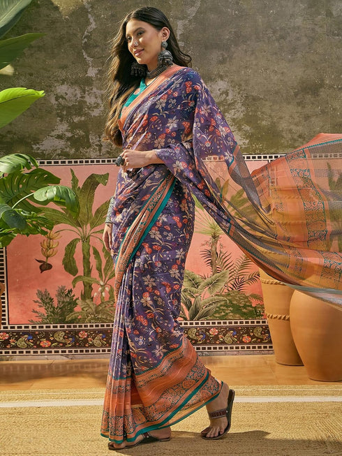 Vasthrlay Shimmer Georgette Dusty Purple Saree With Unstitched Blouse Piece