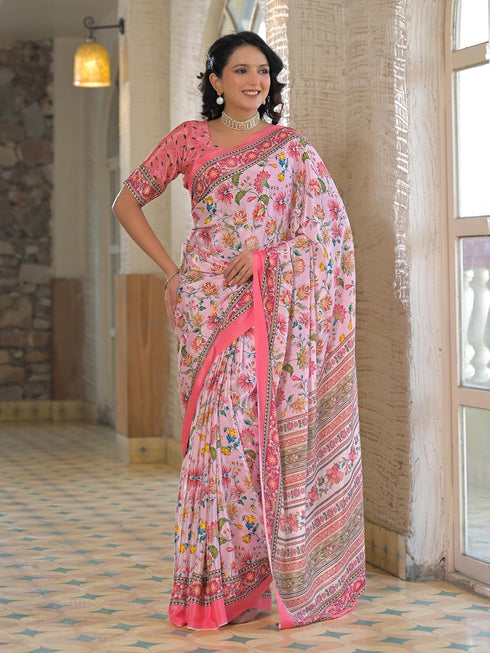 Vasthrlay Womens Printed Unstitched Baby Pink Saree