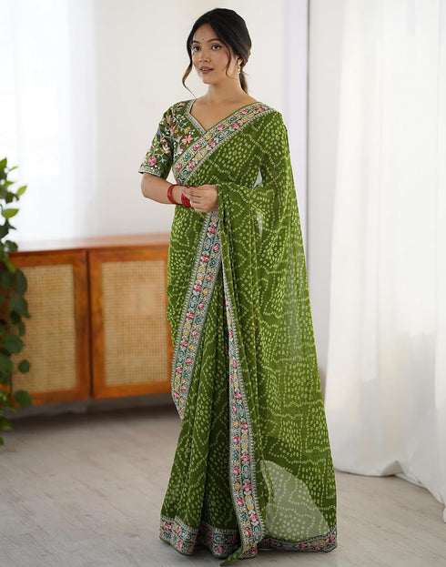 Vasthrlay Georgette Bandhani Green Saree With Multicolour Unstitched Blouse Piece