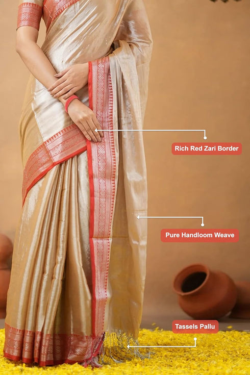 Vasthrlay Handloom Unstitched Beigered Ethnic Wear