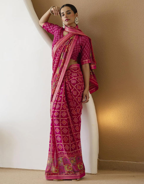 Vasthrlay Georgette Bandhani Unstitched Maroon Saree