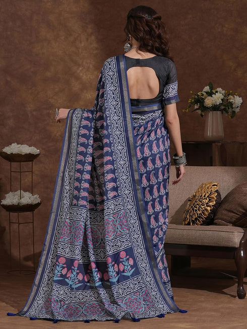 Vasthrlay Weaving Printed Blue And Black Saree With Unstitched Blouse Piece