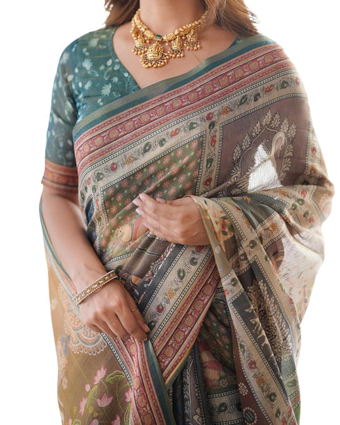 Vasthrlay Handloom Grey Green Traditional Saree