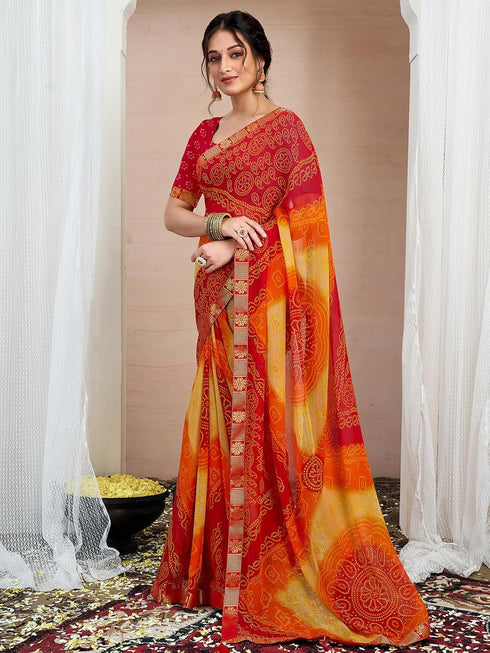 Vasthrlay Chiffon Bandhani Unstitched Yellow Saree